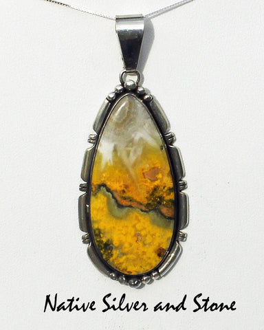 Z Miscellaneous Artist EA - Pendant<br>Navajo Jewelry Pendant<br>Large Teardrop Bumblebee Jasper<br>Saw Cut & Beaded Sterling Silver Accents