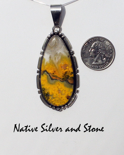 Z Miscellaneous Artist EA - Pendant<br>Navajo Jewelry Pendant<br>Large Teardrop Bumblebee Jasper<br>Saw Cut & Beaded Sterling Silver Accents