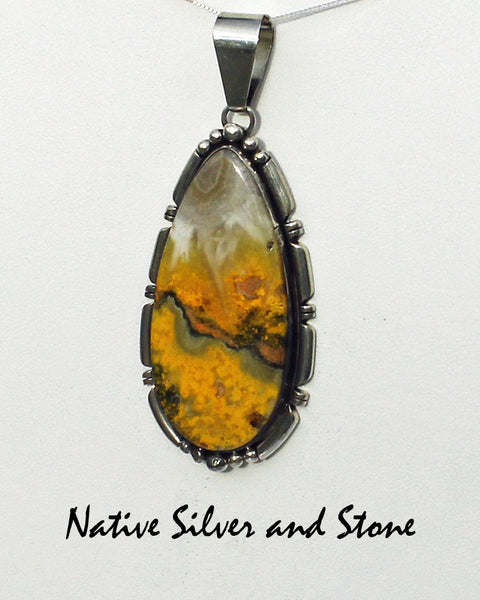 Z Miscellaneous Artist EA - Pendant<br>Navajo Jewelry Pendant<br>Large Teardrop Bumblebee Jasper<br>Saw Cut & Beaded Sterling Silver Accents