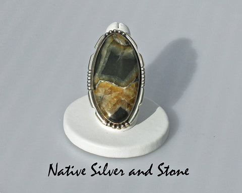 Miscellaneous Artist E.A.<br>Navajo Jewelry<br>Large Oval - Simbercite<br>Saw Cut & Beaded Sterling Silver Accents - Size 9