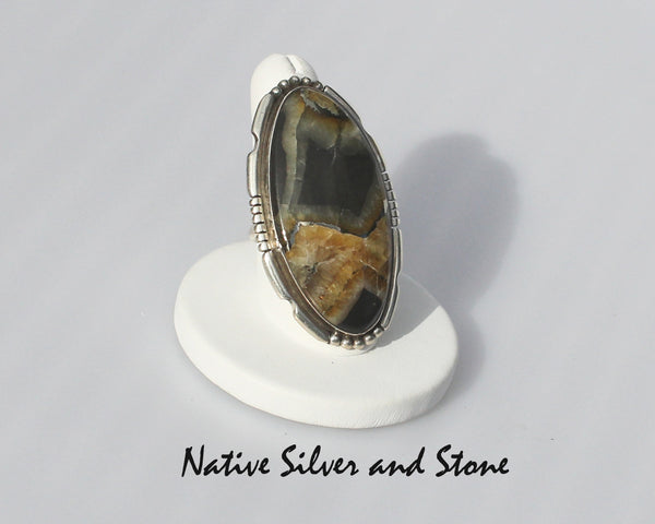 Miscellaneous Artist E.A.<br>Navajo Jewelry<br>Large Oval - Simbercite<br>Saw Cut & Beaded Sterling Silver Accents - Size 9