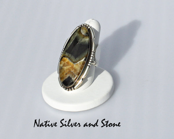 Miscellaneous Artist E.A.<br>Navajo Jewelry<br>Large Oval - Simbercite<br>Saw Cut & Beaded Sterling Silver Accents - Size 9