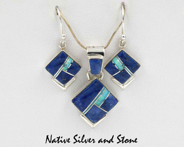 Z Elsie Armstrong - Navajo Jewelry<br>Set - Multi-Inlay Square Diamonds<br>Pendant & Earrings (French Wire)<br>Dark Denim Lapis, Opal, & Turquoise