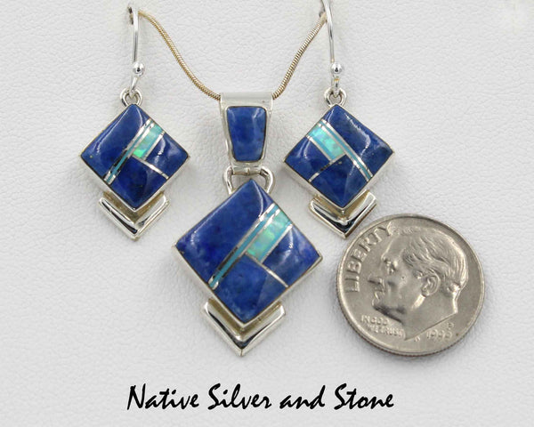 Z Elsie Armstrong - Navajo Jewelry<br>Set - Multi-Inlay Square Diamonds<br>Pendant & Earrings (French Wire)<br>Dark Denim Lapis, Opal, & Turquoise