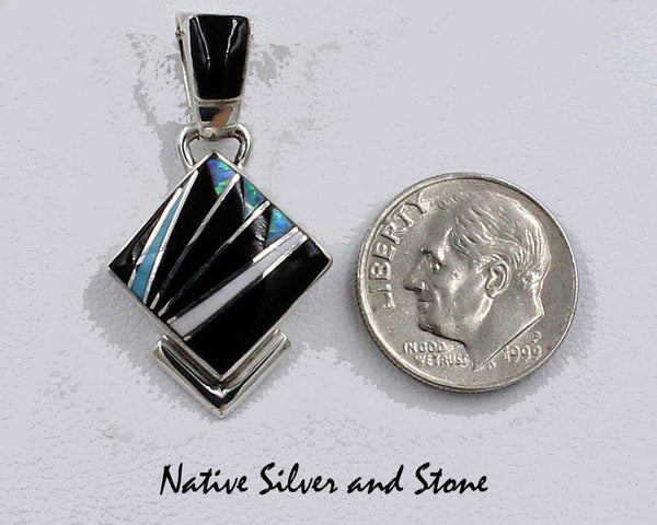 Z Elsie Armstrong - Navajo<br>27/32" Pendant<br>Medium Square-on-End Multi-Inlay<br>Onyx, Imitation Opal<br>Magnesite, & Turquoise<br>in Sterling Silver