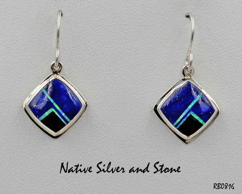 Z Elsie Armstrong - Navajo Jewelry<br>Earrings<br>Lapis, Onyx, & Opal<br>Multi-Inlay<br>Small Square-on-End<br>with Silver Flange Perimeter