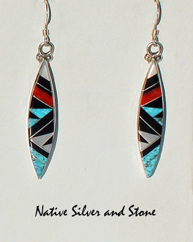 Z Elecario & Cleo Kallestewa - Zuni<br>Earrings - French Wire<br>Turquoise, Jet, Coral<br>White Mother of Pearl<br>Vertical Long Sharp Oval<br>Multi-Inlays
