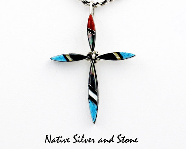 Z Elecario & Cleo Kallestewa<br>Zuni Jewelry<br>Cross Pendant<br>Multi-Inlay L2<br>1-3/4"H
