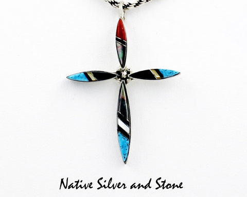 Z Elecario & Cleo Kallestewa<br>Zuni Jewelry<br>Cross Pendant<br>Multi-Inlay L2<br>1-3/4"H