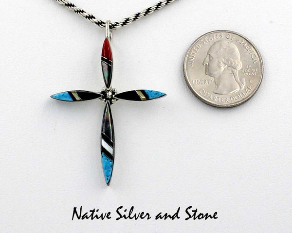 Z Elecario & Cleo Kallestewa<br>Zuni Jewelry<br>Cross Pendant<br>Multi-Inlay L2<br>1-3/4"H