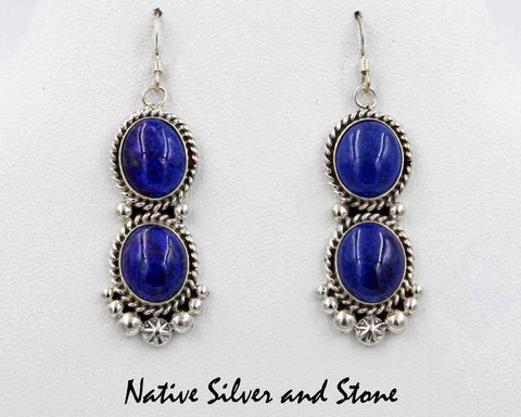 ZSOLD E.M.Linkin<br>Navajo Earrings - French Wire<br>Double Cabochon (Ovals)<br>Lapis with Twist & Dot<br>Accents in Sterling Silver