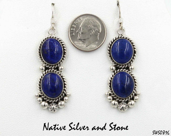 ZSOLD E.M.Linkin<br>Navajo Earrings - French Wire<br>Double Cabochon (Ovals)<br>Lapis with Twist & Dot<br>Accents in Sterling Silver