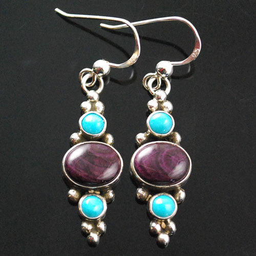 Z Etta Endito (Navajo)<br>Earrings - French Wire Amber<br>Turquoise Dots & Purple Spiny Oyster Horizontal Oval Set in Silver
