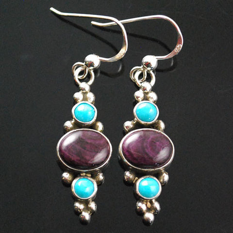 Z Etta Endito (Navajo)<br>Earrings - French Wire Amber<br>Turquoise Dots & Purple Spiny Oyster Horizontal Oval Set in Silver
