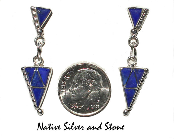 Z Eldrick & Charlotte Seoutewa<br> Zuni Jewelry<br>Earrings - Dangle Post<br>Lapis Lazuli<br>Double Arrowhead<br>Silver Bead Accent