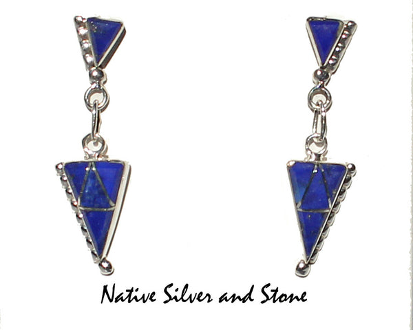 Z Eldrick & Charlotte Seoutewa<br> Zuni Jewelry<br>Earrings - Dangle Post<br>Lapis Lazuli<br>Double Arrowhead<br>Silver Bead Accent