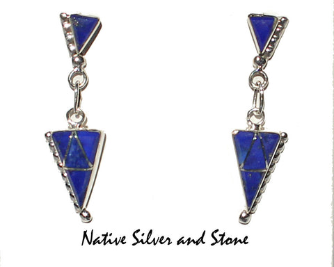 Z Eldrick & Charlotte Seoutewa<br> Zuni Jewelry<br>Earrings - Dangle Post<br>Lapis Lazuli<br>Double Arrowhead<br>Silver Bead Accent