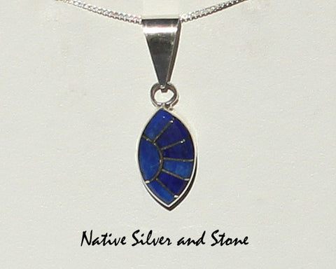 Eldrick & Charlotte Seoutewa<br> Zuni Jewelry<br>Pendant (Only)<br>Lapis Lazuli<br>Sharp Oval Multi-Inlays<br>Silver Sun Ray Accent