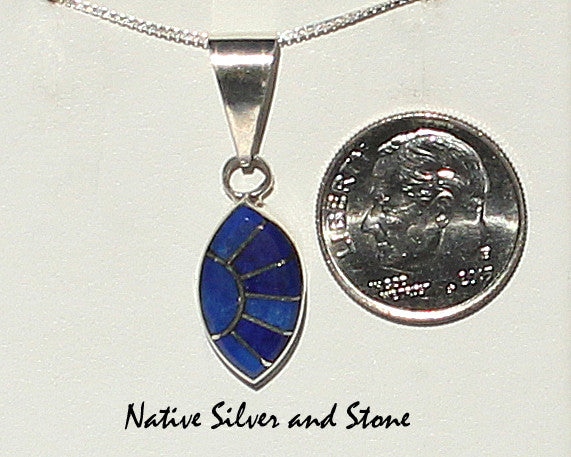 Eldrick & Charlotte Seoutewa<br> Zuni Jewelry<br>Pendant (Only)<br>Lapis Lazuli<br>Sharp Oval Multi-Inlays<br>Silver Sun Ray Accent