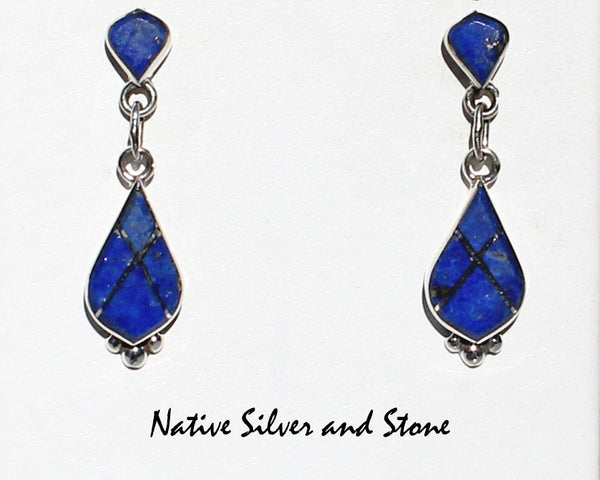 Z Eldrick & Charlotte Seoutewa<br> Zuni Jewelry<br>Earrings - Dangle Post<br>Lapis Lazuli<br>Double Teardrop<br>Silver Bead Accent
