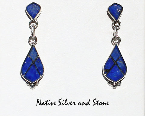 Z Eldrick & Charlotte Seoutewa<br> Zuni Jewelry<br>Earrings - Dangle Post<br>Lapis Lazuli<br>Double Teardrop<br>Silver Bead Accent