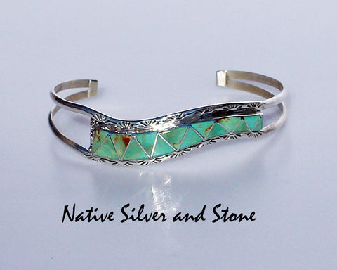 Z Eldrick & Charlotte Seoutewa - Zuni<br>"S" Cuff Bracelet<br>Multi-Inlay Turquoise<br>Zig Zag Accent<br>Sterling Silver