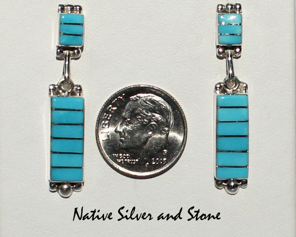 Eldrick & Charlotte Seoutewa<br> Zuni Jewelry<br>Earrings - Dangle Post<br>Turquoise<br>Horizontal Linear Multi-Inlays<br>Silver Bead Accent
