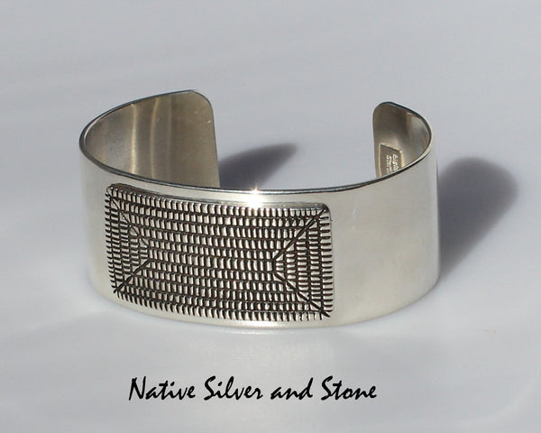 Elgin Tom - Navajo<br>1" Bracelet (Cuff)<br>Oxidized Cast Sterling<br>Horizontal Rectangle Maize Design<br>Size 6-5/8