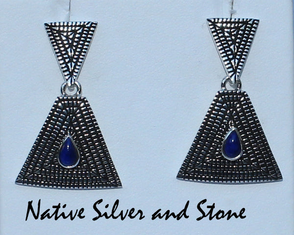 Z  Elgin Tom - Navajo<br>1-1/4" Earrings<br>Maize - Stacked Triangle<br>Dk Lapis Teardrop<br>Dangle Post<br>Cast Sterling Silver