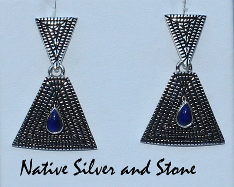 Z  Elgin Tom - Navajo<br>1-1/4" Earrings<br>Maize - Stacked Triangle<br>Dk Lapis Teardrop<br>Dangle Post<br>Cast Sterling Silver