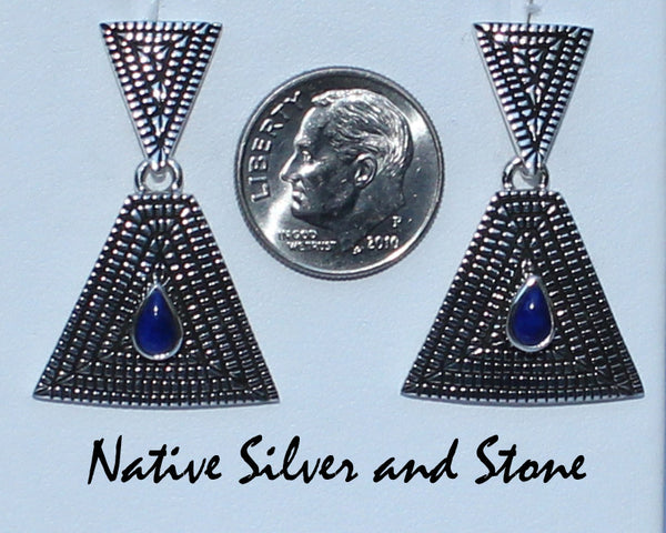 Z  Elgin Tom - Navajo<br>1-1/4" Earrings<br>Maize - Stacked Triangle<br>Dk Lapis Teardrop<br>Dangle Post<br>Cast Sterling Silver
