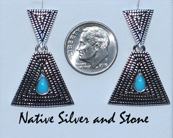 Elgin Tom - Navajo<br>1-1/4" Earrings<br>Maize - Stacked Triangle <br>Sleeping Beauty Turquoise Teardrop<br>Dangle Post<br>Cast Sterling Silver