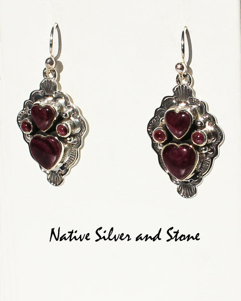 Z Elgin Tom - Navajo<br>1" Earrings<br>Purple Spiny Oyster<br>Hearts & Dots<br>Stamped<br>Hook<br>Sterling Silver