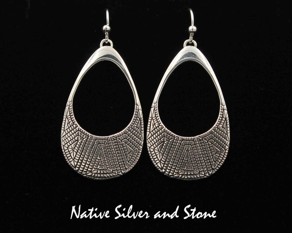 Z Elgin Tom - Navajo<br>1-1/2" Earrings<br>Maize - Open Teardrop<br>Hook<br>Cast Sterling Silver