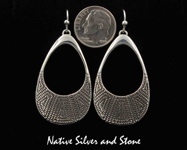 Z Elgin Tom - Navajo<br>1-1/2" Earrings<br>Maize - Open Teardrop<br>Hook<br>Cast Sterling Silver