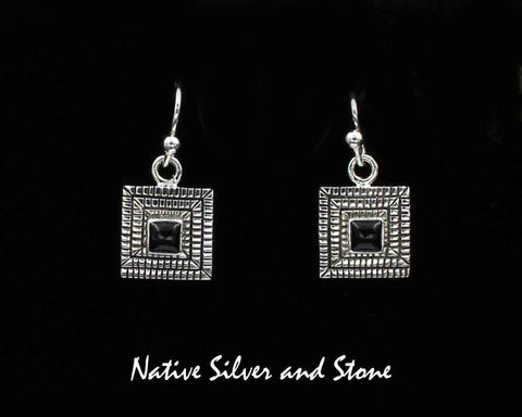 Z Elgin Tom - Navajo<br>1/2" Earrings<br>3/16" Maize - Square Onyx<br>Hook<br>Cast Sterling Silver