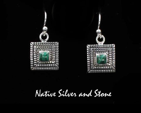 Z Elgin Tom - Navajo<br>1/2" Earrings<br>3/16" Maize - Square Malachite<br>Hook<br>Cast Sterling Silver