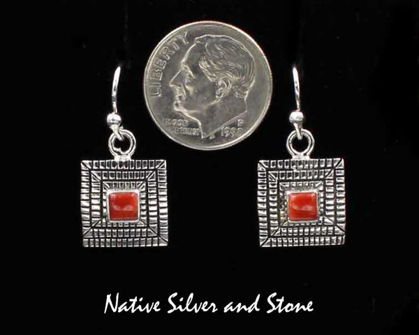 Z Elgin Tom - Navajo<br>1/2" Earrings<br>3/16" Maize - Square Red Spiny<br>Cast Sterling Silver
