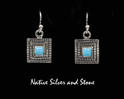 Z Elgin Tom - Navajo<br>1/2" Earrings<br>3/16" Maize - Square Sleeping Beauty Turquoise<br>Hook<br>Cast Sterling Silver