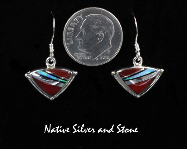 Z Elsie Armstrong - Navajo<br>7/16" Earrings - Multi-Inlay Triangles<br>Rosarita Gold Slag & Opal<br>Hook<br>1 of 2<br>Sterling Silver