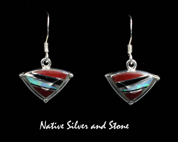 Elsie Armstrong - Navajo<br>7/16" Earrings<br>Multi-Inlay Triangles<br>Rosarita Gold Slag & Opal<br>Hook<br>2 of 2<br>Sterling Silver