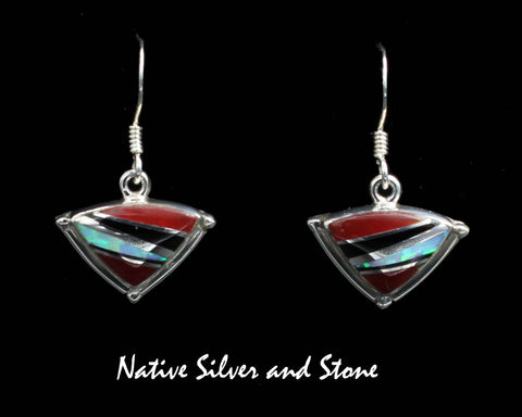 Elsie Armstrong - Navajo<br>7/16" Earrings<br>Multi-Inlay Triangles<br>Rosarita Gold Slag & Opal<br>Hook<br>2 of 2<br>Sterling Silver