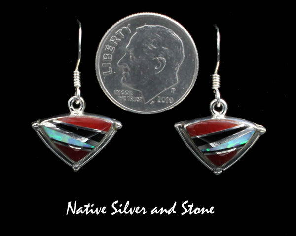 Elsie Armstrong - Navajo<br>7/16" Earrings<br>Multi-Inlay Triangles<br>Rosarita Gold Slag & Opal<br>Hook<br>2 of 2<br>Sterling Silver