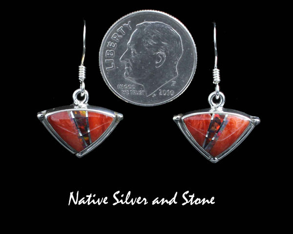 Elsie Armstrong - Navajo<br>7/16" Earrings - Multi-Inlay Triangles<br>Orange Spiny, Fire Opal<br>Hook<br>Sterling Silver
