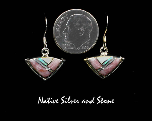 Elsie Armstrong - Navajo<br>7/16" Earrings - Multi-Inlay Triangles<br>Rhodochrosite, Opal, &<br>Mother of Pearl<br>Hook<br>Sterling Silver