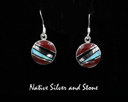 Elsie Armstrong - Navajo<br>1/2" Earrings - Multi-Inlay Round<br>Gold Slag, Onyx, & Opal<br>Hook<br>Sterling Silver