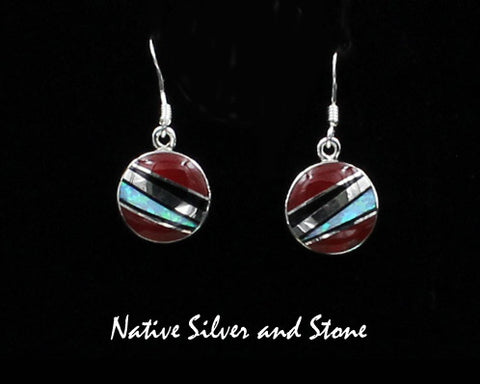 Elsie Armstrong - Navajo<br>1/2" Earrings - Multi-Inlay Round<br>Gold Slag, Onyx, & Opal<br>Hook<br>Sterling Silver