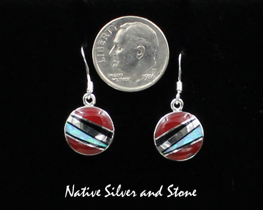 Elsie Armstrong - Navajo<br>1/2" Earrings - Multi-Inlay Round<br>Gold Slag, Onyx, & Opal<br>Hook<br>Sterling Silver