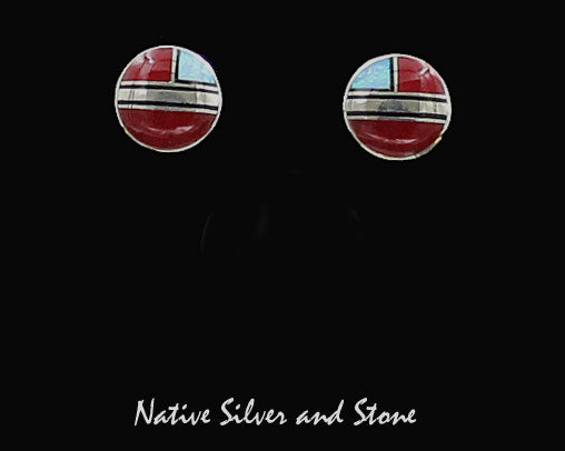 Elsie Armstrong - Navajo<br>1/2" Earrings - Multi-Inlay Round<br>Gold Slag, Onyx, & Opal<br>Post<br>Sterling Silver