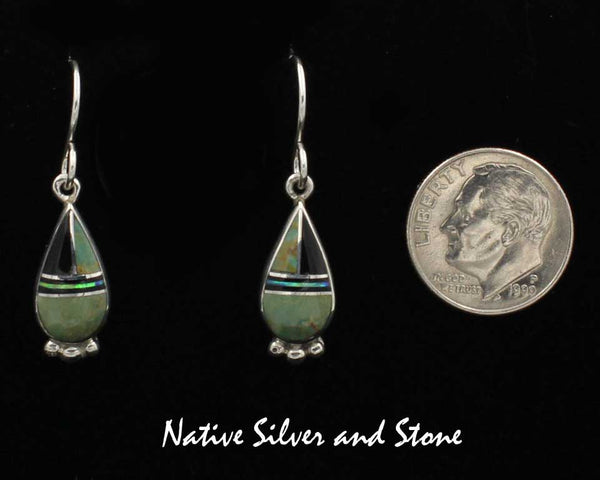 Z Elsie Armstrong - Navajo Jewelry<br>Teardrop Earrings - French Wire Multi-Inlay - Green Turquoise<br>Onyx, & Opal